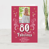 80歳 & ファビュラス フラワー マゼンタ 80歳の誕生日写真 カード (正面)
