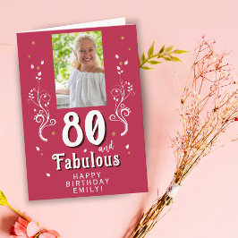 80歳 & ファビュラス フラワー マゼンタ 80歳の誕生日写真 カード