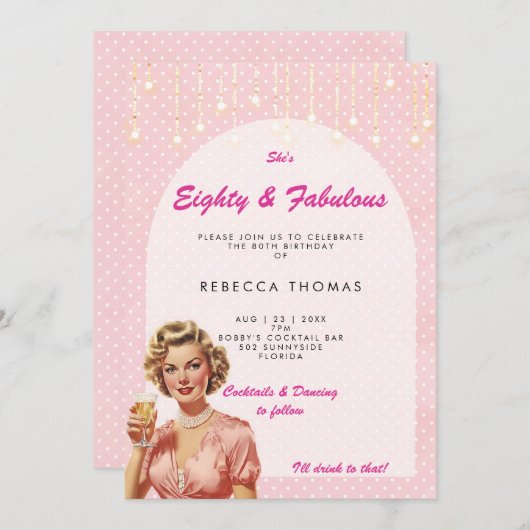 80歳 & ファビュラス レトロ ピンク 誕生日 招待状 (正面/裏面)