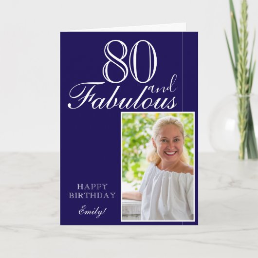 80歳 誕生日 おしゃれ ブルー 写真 カード (正面)
