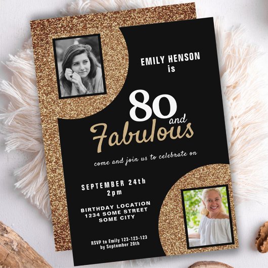 80歳 誕生日 ゴールドグリッター2枚の写真 おしゃれな80歳の誕生日 招待状