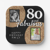 80歳 誕生日 ゴールドグリッター 2ショット フォト 80歳 誕生日パーティー ペーパープレート (正面)