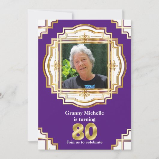 80番目のエレガント金ゴールド紫の白いフォトフレーム80 招待状 (正面)