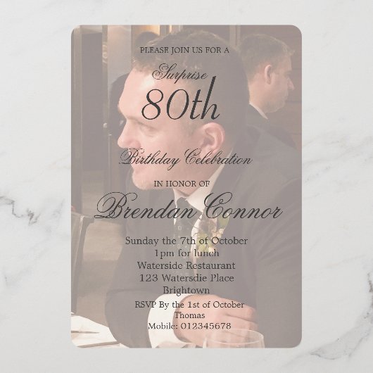80番目の男性誕生日エレガント写真 箔招待状 (裏面)
