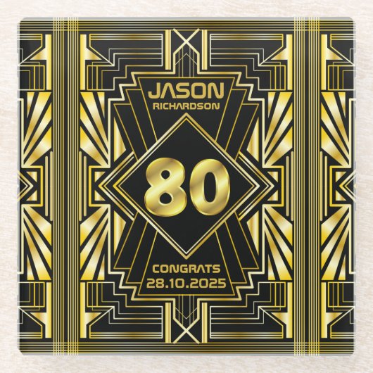 80番目の誕生日アールデコ金ゴールドブラック・ギ素晴らしャツビー ガラスコースター (正面)