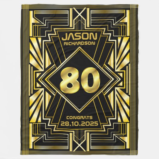 80番目の誕生日アールデコ金ゴールドブラック・ギ素晴らしャツビー フリースブランケット (正面)