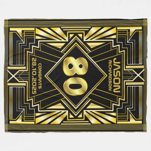 80番目の誕生日アールデコ金ゴールドブラック・ギ素晴らしャツビー フリースブランケット (正面(横))