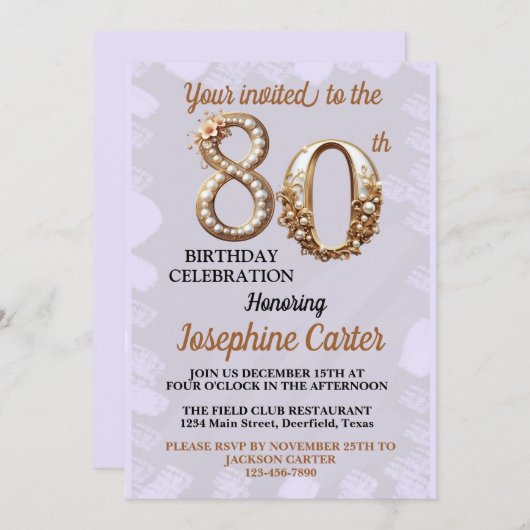 80番目の誕生日エレガントパーティー 招待状 (正面/裏面)