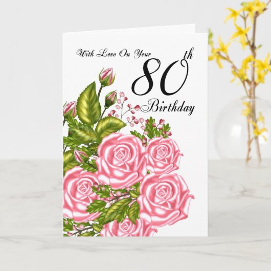 80番目の誕生日カード(ピンクのバラ付き) カード (黄色い花)