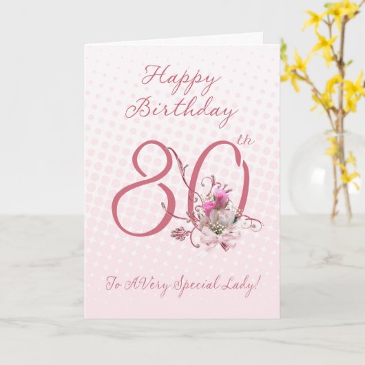80番目の誕生日カード – ピンクのバラ – トゥアスペシャ カード (黄色い花)