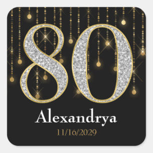 80番目の誕生日ダイヤ金ゴールドありがとうメッセージカード スクエアシール