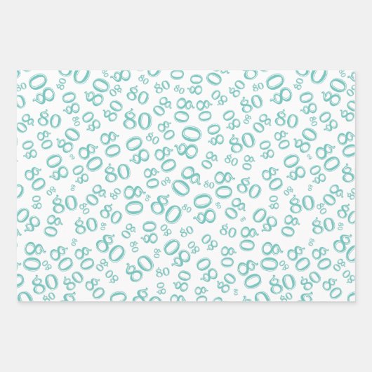 80番目の誕生日ティール(緑がかった色)と白い数字のパターン80 ラッピングペーパーシート (正面2)