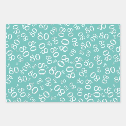 80番目の誕生日ティール（緑がかった色）と白い数字のパターン80 ラッピングペーパーシート (正面)