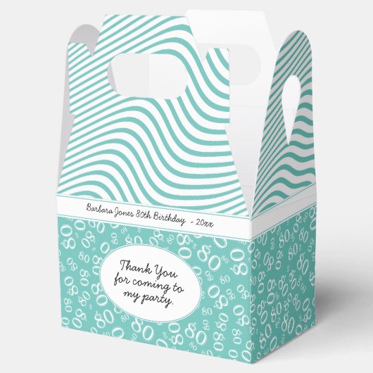 80番目の誕生日ティール（緑がかった色）/白い数字パターン80 フェイバーボックス (オープン)
