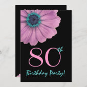 80番目の誕生日テンプレート – ピンクデイジー 招待状 (正面/裏面)