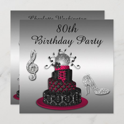 80番目の誕生日ディスコディバケーキとスパークルヒール 招待状 (正面/裏面)
