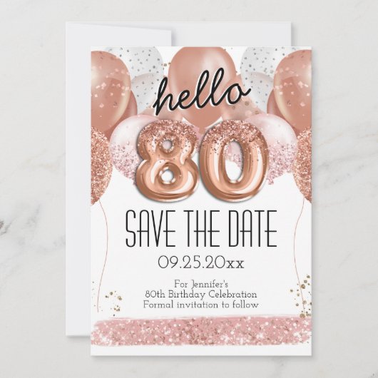 80番目の誕生日ピンクグリッター日付を保存 招待状 (正面)