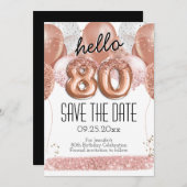 80番目の誕生日ピンクグリッター日付を保存 招待状 (正面/裏面)