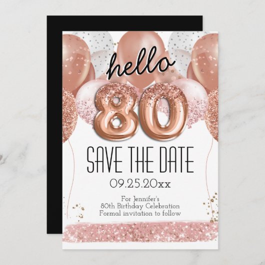 80番目の誕生日ピンクグリッター日付を保存 招待状 (正面/裏面)