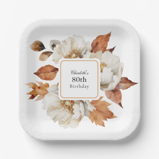 80番目の誕生日フェミニン秋フローラ ペーパープレート (正面)