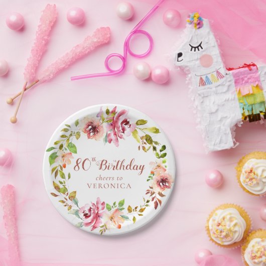 80番目の誕生日フローラリース ペーパープレート (パーティー)