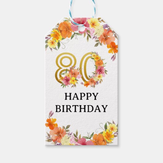 80番目の誕生日フローラ金ゴールド番号80から ギフトタグ (正面)