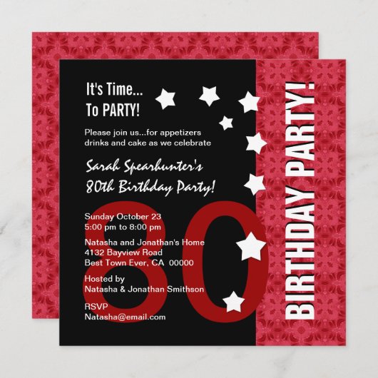 80番目の誕生日モダン赤と黒のおもしろいD80A 招待状 (正面/裏面)