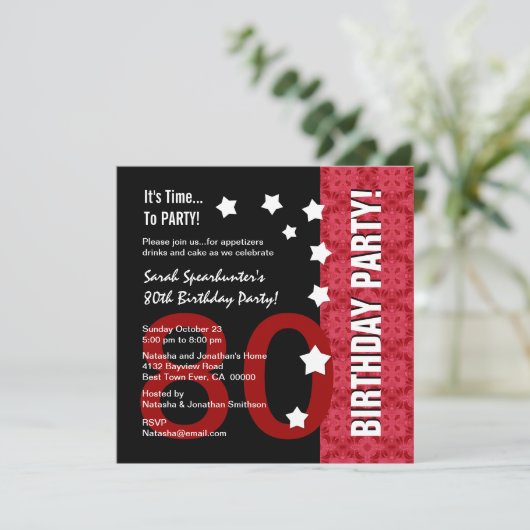 80番目の誕生日モダン赤と黒のおもしろいD80A 招待状 (スタンド正面)