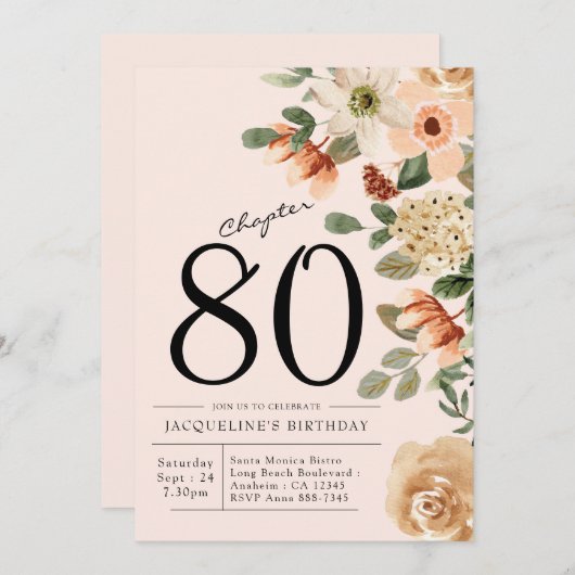 80番目の誕生日ヴィンテージフローラ招待状 招待状 (正面/裏面)