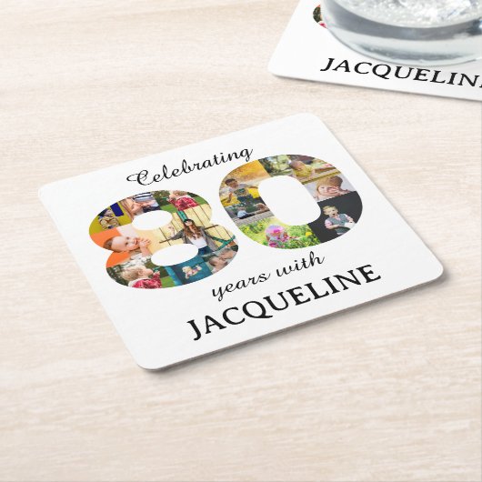 80番目の誕生日写真テンプレート招待状 スクエアペーパーコースター (アングル)