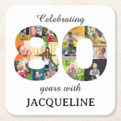 80番目の誕生日写真テンプレート招待状 スクエアペーパーコースター (正面)