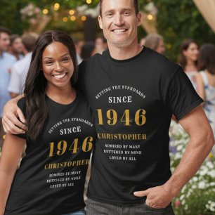 80番目の誕生日名前と年の黒い金ゴールドパーティーの追加 Tシャツ
