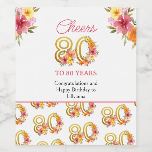 80番目の誕生日応援から80年間のフローラ金ゴールド番号 ワインラベル (シングルラベル)