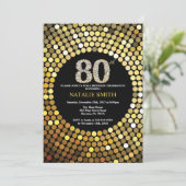 80番目の誕生日招待状ブラック&金ゴールドグリッター 招待状 (スタンド正面)
