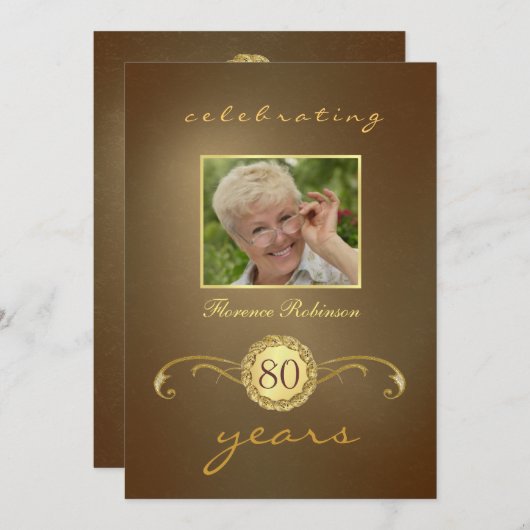 80番目の誕生日招待状-アンティーク金ゴールドモノグラム 招待状 (正面/裏面)