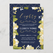 80番目の誕生日招待状、カスタマイズ金ゴールド付きフローラ 招待状 (正面/裏面)