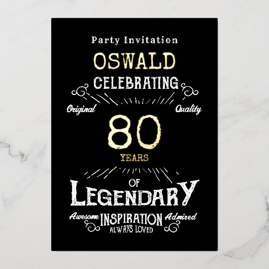 80番目の誕生日生まれレジェンドブラック金ゴールドレトロ 箔招待状 (正面)