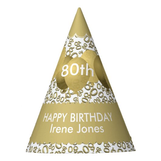 80番目の誕生日番号パターン金ゴールド/ホワイトホタテガイ パーティーハット (正面)