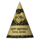 80番目の誕生日番号パターン金ゴールド/黒いスカロップ パーティーハット (正面)