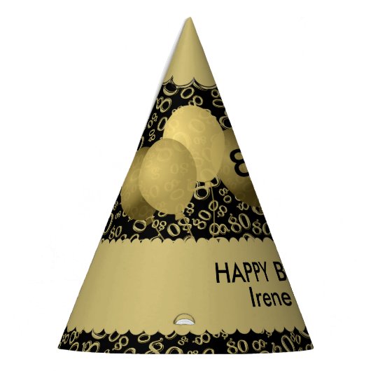 80番目の誕生日番号パターン金ゴールド/黒いスカロップ パーティーハット (左)