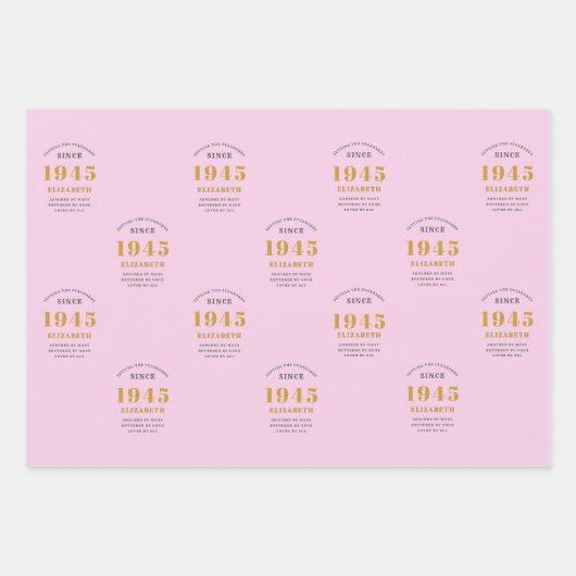 80番目の誕生日1945名前を追加Pink Gray ラッピングペーパーシート (正面)