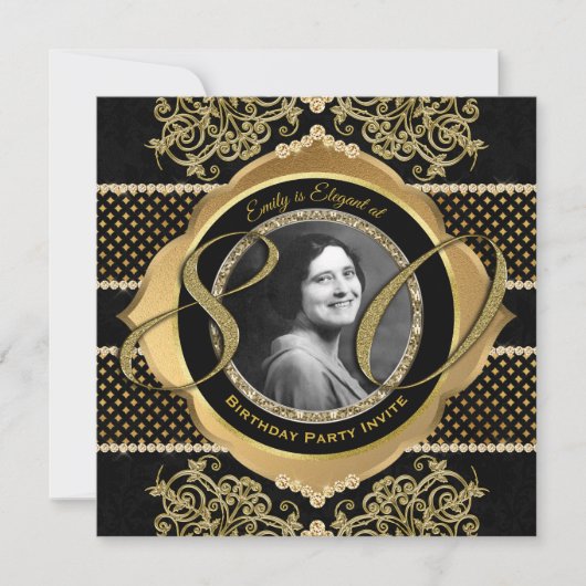 80番目の誕生日80番目の金ゴールドのダイヤモンド写真立て 招待状 (正面)