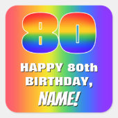 80番目の誕生日: カラフル、おもしろいレインボーパターン# 80 スクエアシール (正面)