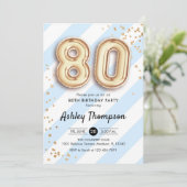 80番目の誕生日 – 青いストライプ金ゴールドバルーン 招待状 (スタンド正面)