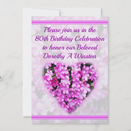 80番目誕生日ピンクフローラ誕生日招待状 招待状 (正面)