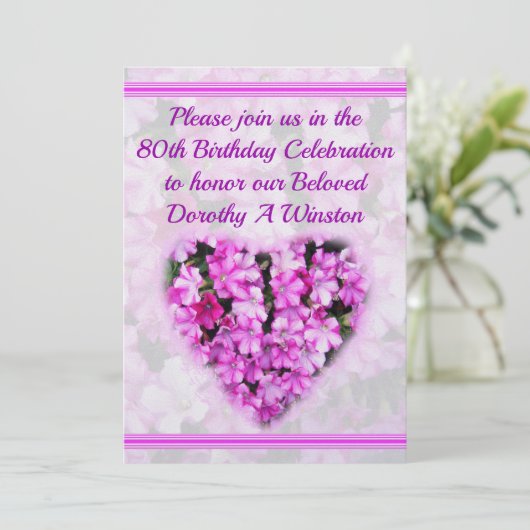 80番目誕生日ピンクフローラ誕生日招待状 招待状 (スタンド正面)