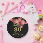 80番目誕生日80番目ブラック金ゴールドバラ エレガント ペーパープレート (パーティー)