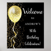 80番目 |ブラック&金ゴールドグリッター誕生日へようこそ ポスター (正面)