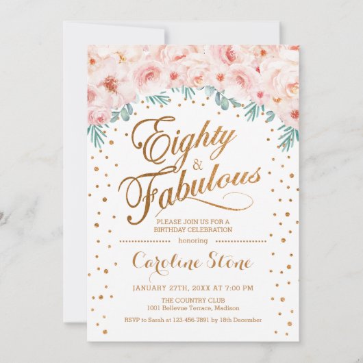80素晴らしい誕生日パーティー – ホワイト金ゴールドピンク 招待状 (正面)
