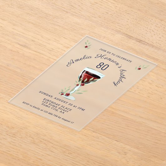 80素朴誕生日レッドワイングラス誕生日 アクリル招待状 (レイダウン)